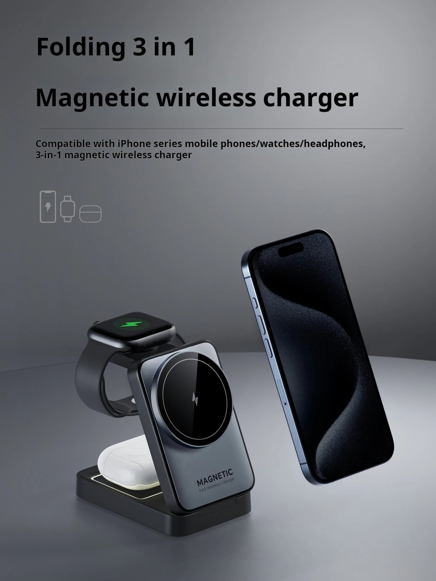 3-in-1 Foldable Magnetic Wireless Fast Charger (iPhone, AirPods, Apple Watch)